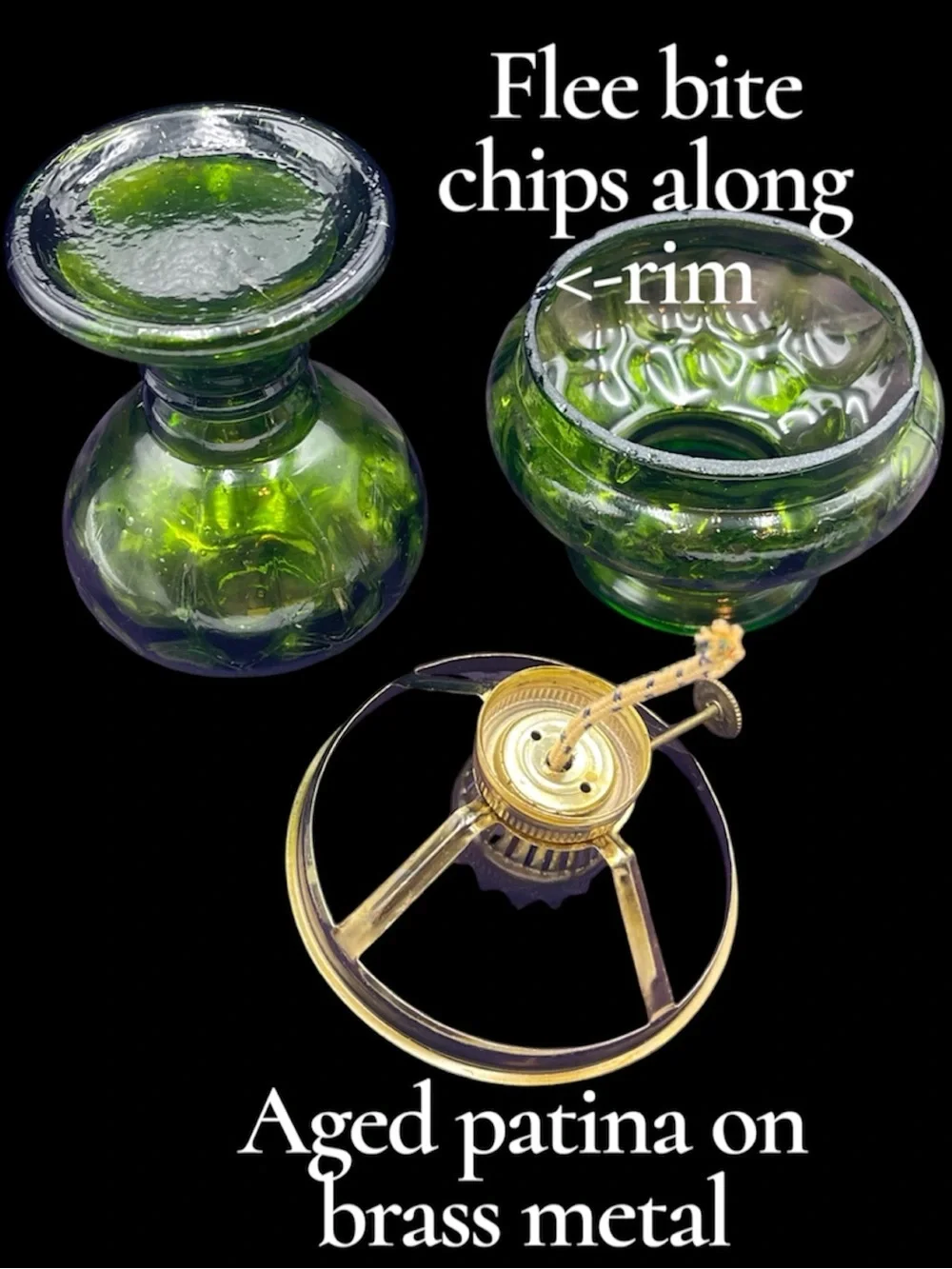 Vintage Emerald Green Pressed Glass Hurricane Oil Lamp w/Brass Metal Wick Collar